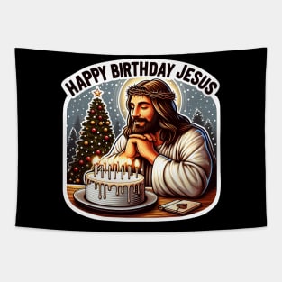 Happy Birthday Jesus Make A Wish Birthday Cake Christmas Trees Snowing Tapestry