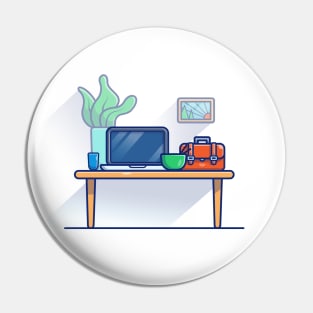 Table, Laptop, Cup, Bowl, Leaf, Vas, Picture And workbag Cartoon Pin