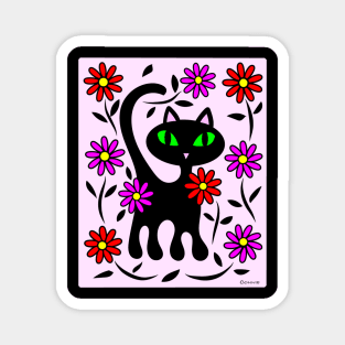 Black Kitty Cat in Flower Garden Magnet