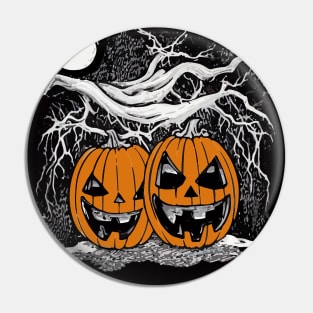 Pumpkin face scary with dark forest and full moon, cute Halloween Pin