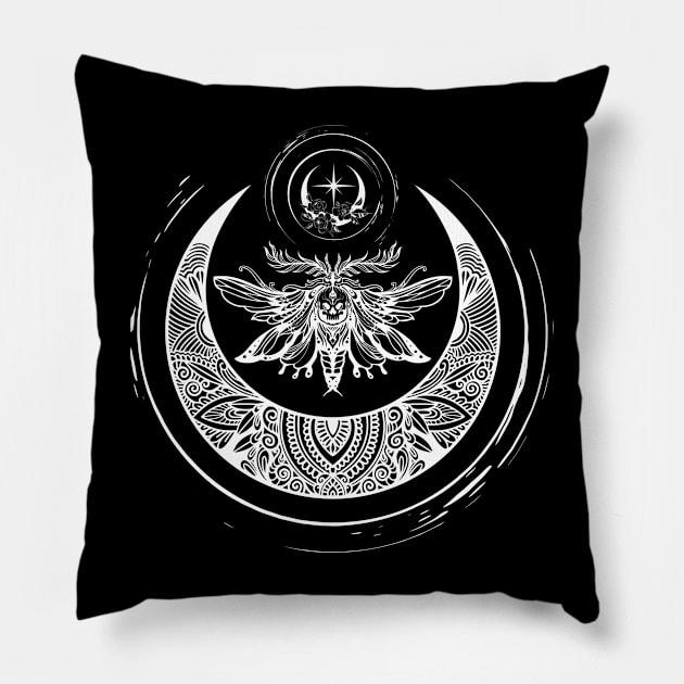 Deaths Head Moth Under Crescent Moon Pillow by LylaLace Studio