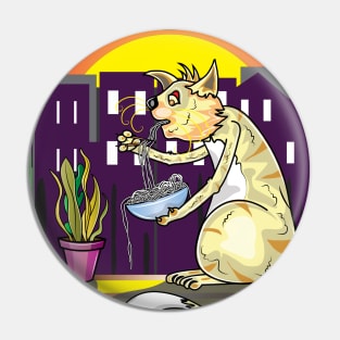 Cat Eating Spaghetti And Watching Sunset Scene Pin