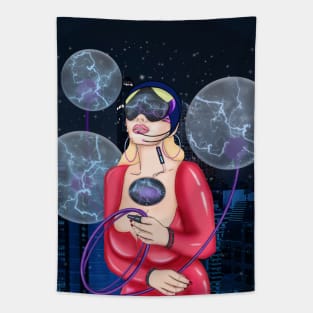 Cyber Girl. Starry night in the city Tapestry