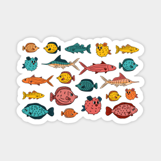 Set of outline different cartoon underwater fish, tang, flounder, tuna, ocean burrfish, sea marlin. Doodle isolated animals Magnet