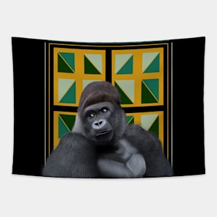 Sitting Silverback Gorilla Yellow Green Geometric Tapestry