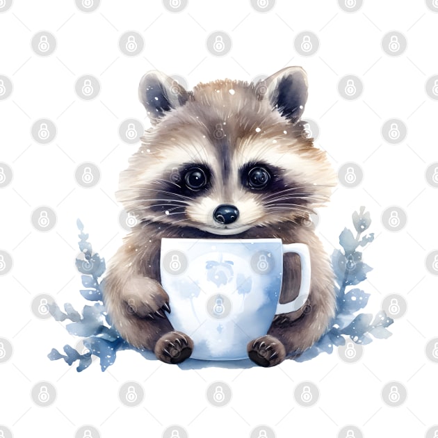 Chubby Raccoon with a cup of coffee winter watercolor by beangeerie