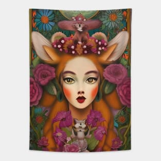 Fantasy Fox Goddess with crown of flowers holding a chipmunk. Tapestry