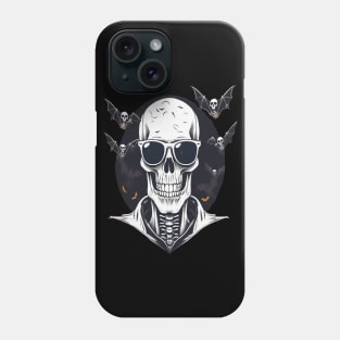 Halloween Skeleton with Sunglasses and Bats Flying Around it Phone Case