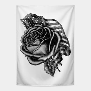 Rose with the United States Flag - Black & White Tapestry