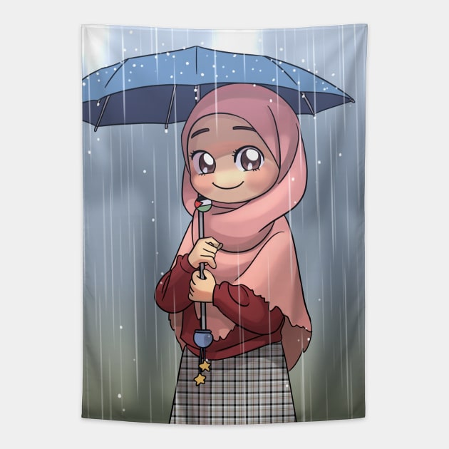 Hijab Girl under the rain Tapestry by 	 FatharaniYasmin