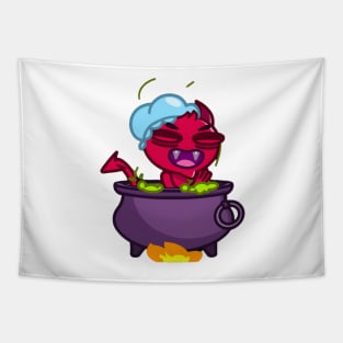 The Red Devil bathes in a pot of boiling water Tapestry