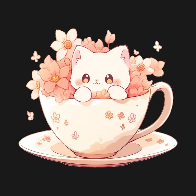 Cute Cat in a Teacup with Flowers by Seraphine