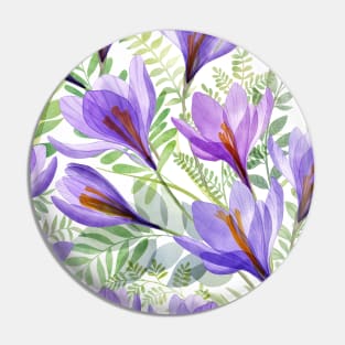 Crocus transparent flowers and green spring leaves composition. Watercolor translucent Saffron Crocus blossom Pin