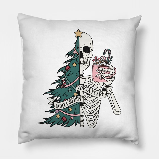 Sorta Merry Sorta Scary Christmas Tree Skeleton Fun Pillow by BusyMonkeyDesign