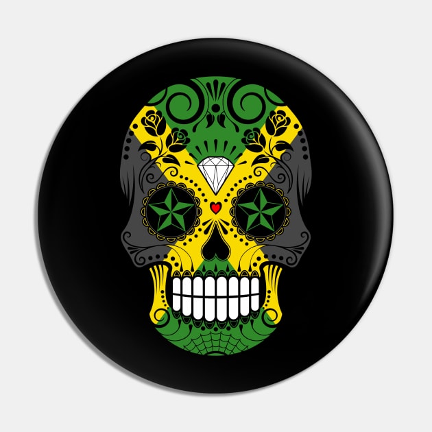 Jamaican Flag Sugar Skull with Roses Pin by jeffbartels