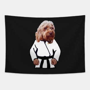 Blue eyed black belt Kong fu Cava - Karate -martial arts Cavapoo  Cavoodle puppy dog  - cavalier king charles spaniel poodle, puppy love Tapestry