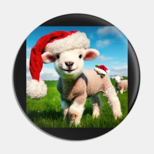 lamb in the grassy meadow wearing santa hat at christmas Pin