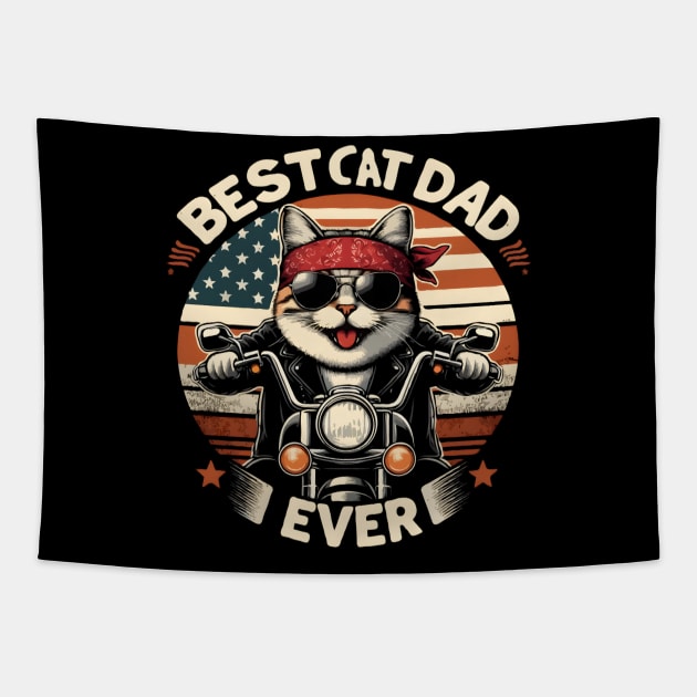 Cat Dad Fathers Day Motorcycle Bike Rider Vintage American Flag Tapestry by TopTees