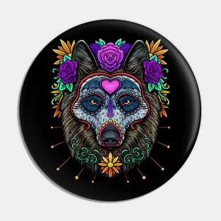 Sugar Skull Wolf Day of The Dead Dia De Los Muertos Halloween Pin