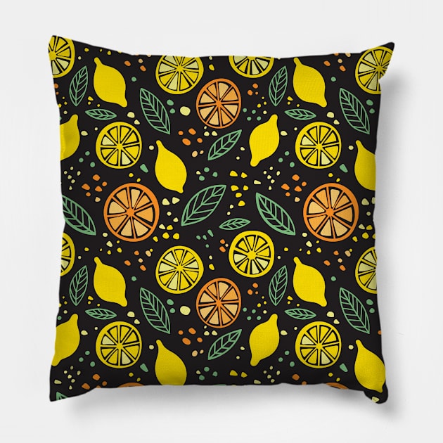 Citrus lemon and orange on black background pattern Pillow by yuliia_bahniuk