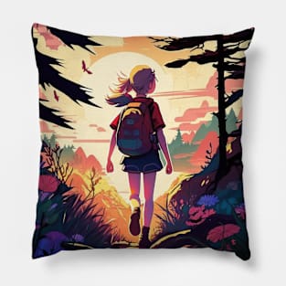 Girl trekking in the woods with a beautiful sunset effect Pillow