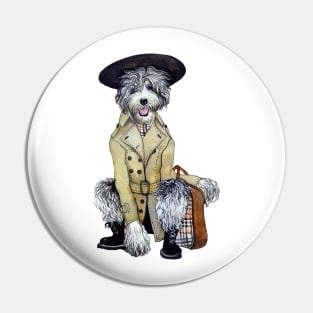 Sheepadoodle wearing trenchcoat Pin