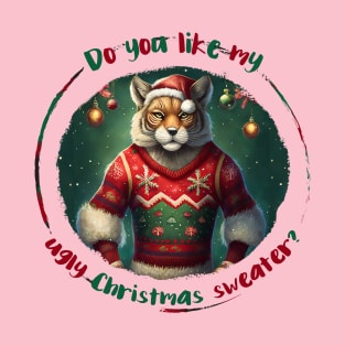 Ugly Christmas sweater: Festive tiger-man in winter wonderland wearing a sweater with a Christmas tree and ornaments T-Shirt