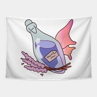 Pale Pink Wings: Glass Bottle with Violet Liquid, Amidst Floral Harmony Tapestry