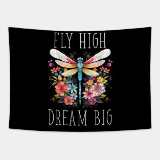 Floral Dragonfly - Fly High. Dream Big. (with White Lettering) Tapestry