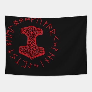 Red Viking Mjolnir and Norse Rune Wheel Tapestry