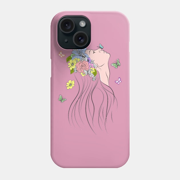 Woman with Spring Flowers and Butterflies Phone Case by Cool Abstract Design