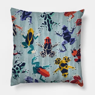 Quirky dart frogs dance // pattern // duck egg blue textured background brightly multicoloured poison amphibians Pillow