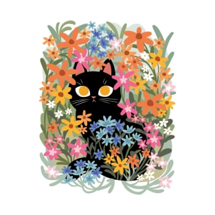 Black Cat Rainbow Flowers T-Shirt