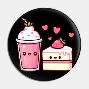 Kawaii Strawberry Milkshake and Strawberry Cake with Hearts | Kawaii Lovers Design Pin