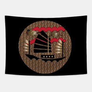 Japanese Waves Crest Copper Design Tapestry