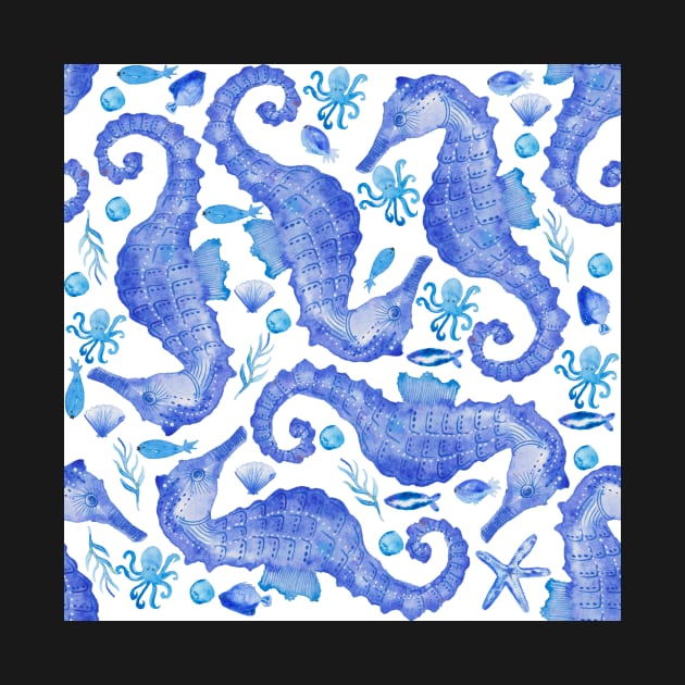 blue watercolour seahorses by Kimmygowland