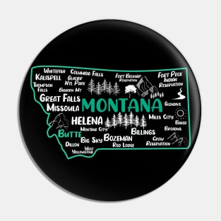 Cute map of Butte Montana, Helena, Missoula, Great Falls, Bozemian, Billings, Kalispell, Big Sky Pin