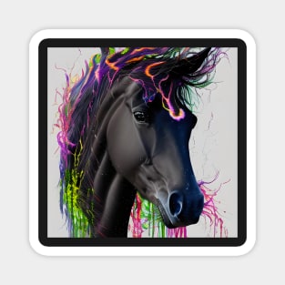 Black horse head with flowing mane with watercolor elements Magnet