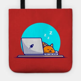 Cute Cat Sleeping On Laptop With Coffee Cup Cartoon Vector Icon Illustration Tote