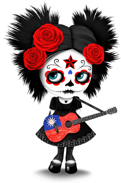 Sugar Skull Girl Playing Taiwanese Flag Guitar Kids T-Shirt by jeffbartels