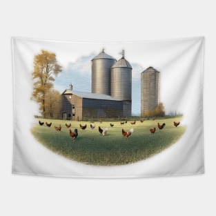 Field of chickens in front of a barn and silo Tapestry