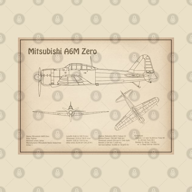 Mitsubishi A6M Zero Airplane Blueprint - SD by SPJE Illustration Photography