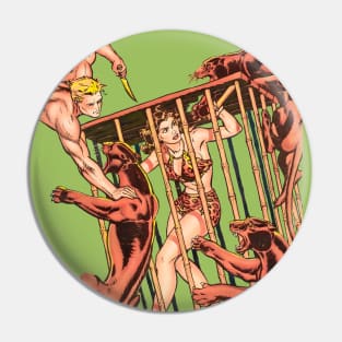 pin up girl trapped in a cage surrounded by wild jungle panthers retro vintage comic book pulp Pin