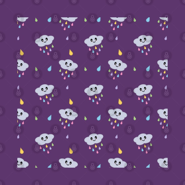 Kawaii Cute Raining Rainbow Clouds Pattern in Purple by Kelly Gigi