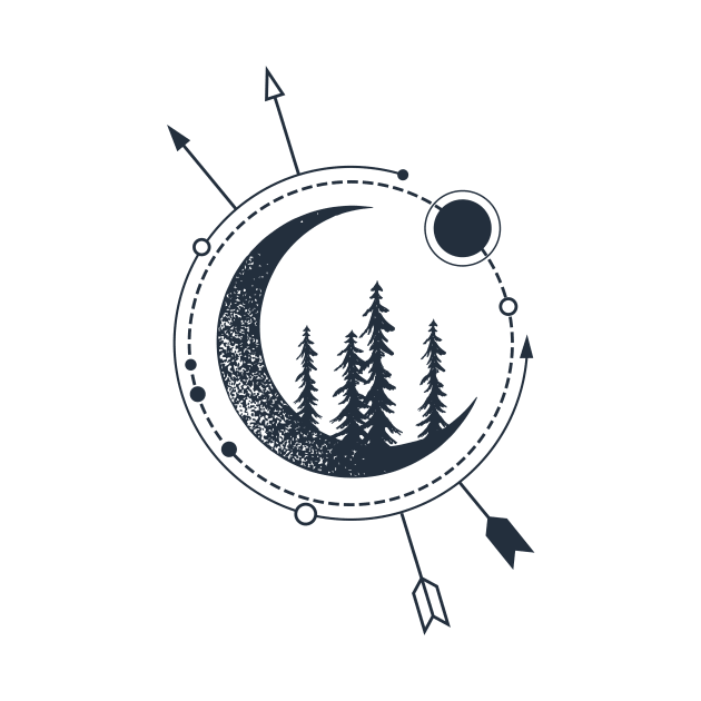 Forest And Сrescent. Pine Trees On The Moon. Creative Illustration. Geometric, Line Art Style by SlothAstronaut