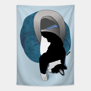 Cute Tuxedo cat in in his Igloo Copyright TeAnne Tapestry