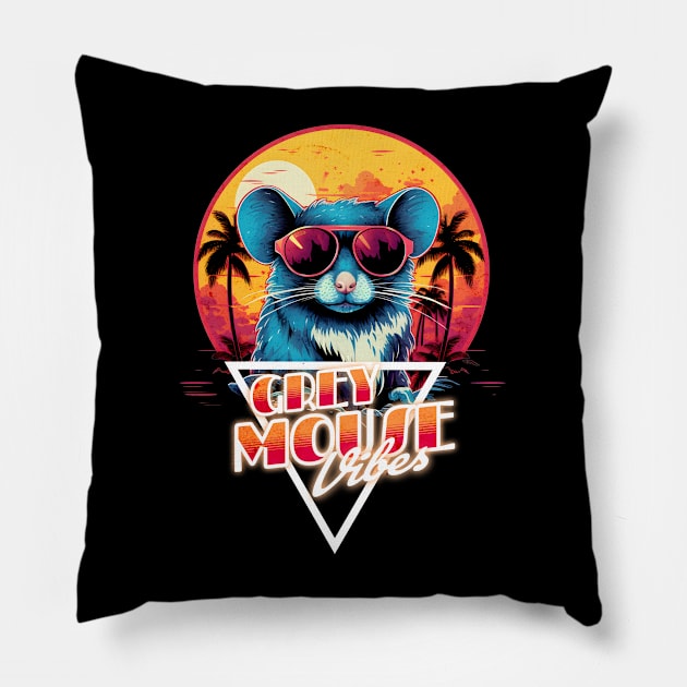 Retro Wave Grey Mouse Vibes Pillow by Miami Neon Designs