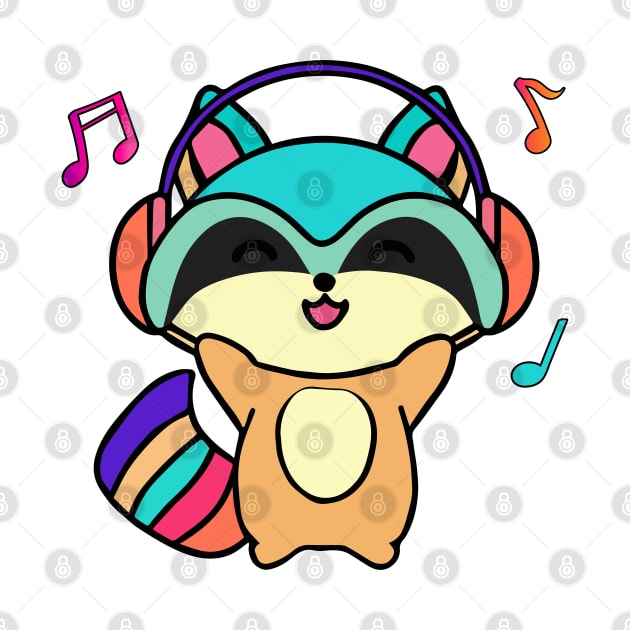 Happy smiling baby raccoon with headphones. Kawaii cartoon by SPJE Illustration Photography