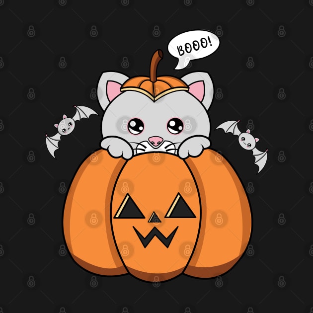 Happy Halloween Cute Cat, Kawaii black cat with pumpkin by JS ARTE