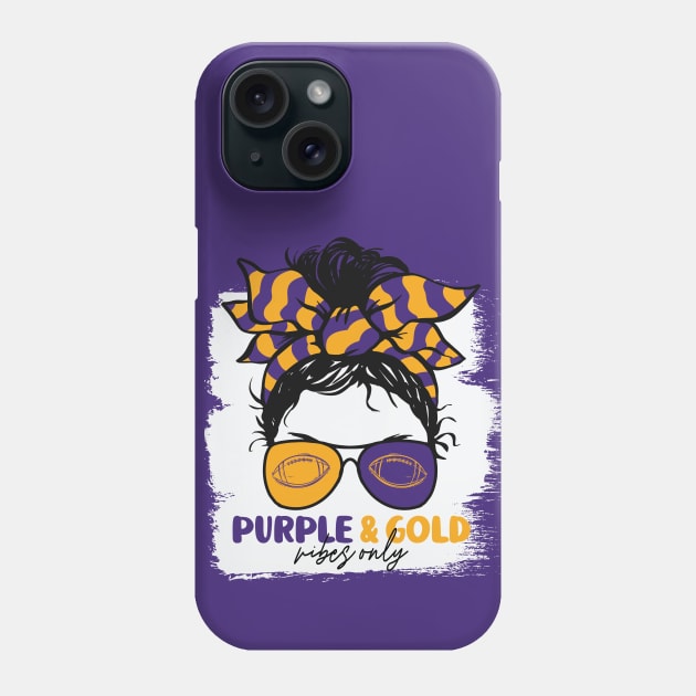 Purple and Gold Vibes Only Football Mom Messy Hair Gameday Phone Case by SLAG_Creative